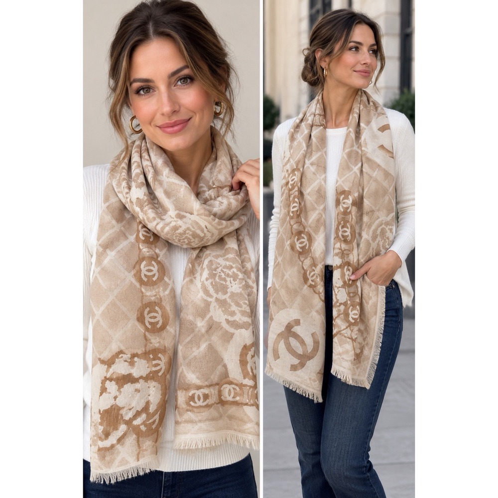 Chanel Wool Blend Scarf Shawl 26x38 Beige Ivory CC Camellia Logo Made France